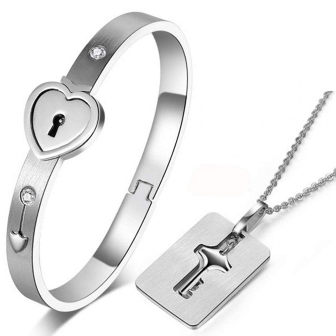 Silver Stainless Steel Bracelet Love Heart Lock Bangle Key Pendants Necklace