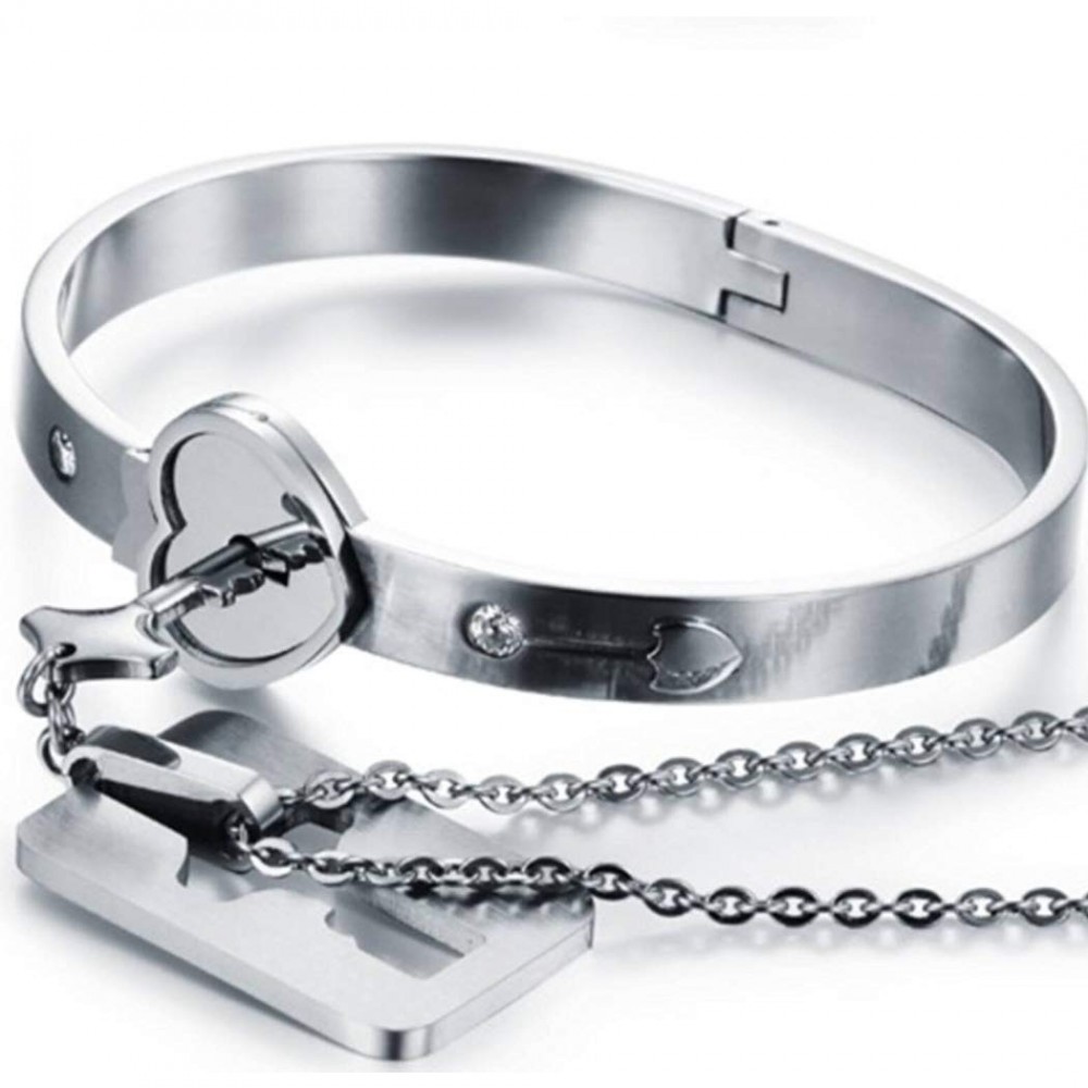 Silver Stainless Steel Bracelet Love Heart Lock Bangle Key Pendants Necklace